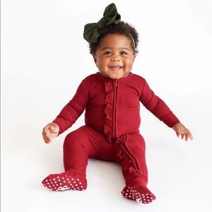 Posh peanut Bordeaux Waffle Footie Ruffled Zippered one piece